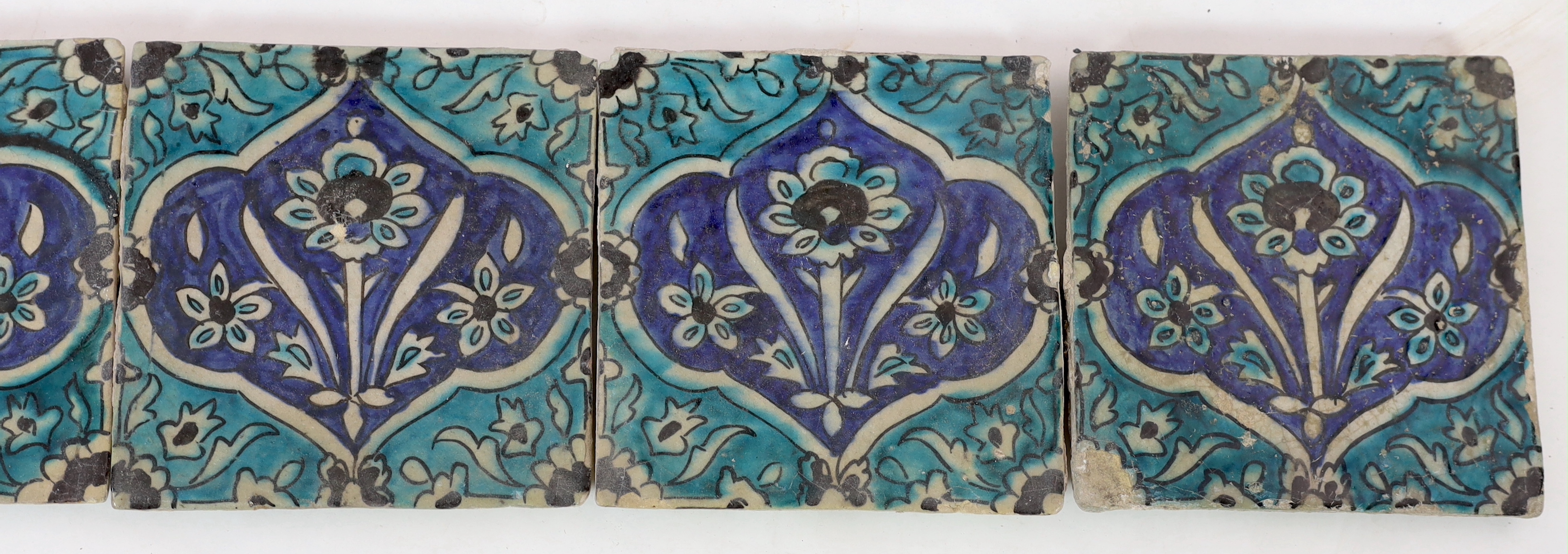 A set of five Persian fritware tiles, Qajar dynasty, 19th century